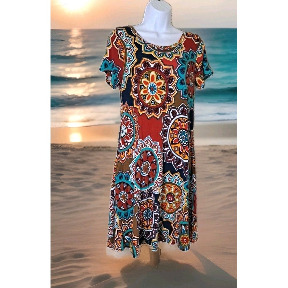 Korsis T-Shirt Dress M Floral Medallion Seam Pockets Hippie Retro Flowy Casual‎
